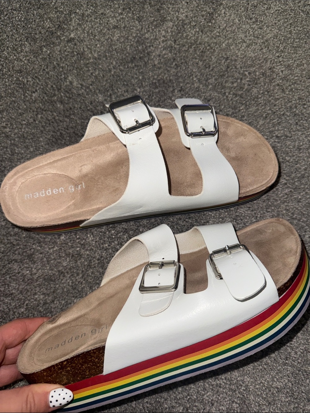 Madden Girl White Double-Buckle Platform Sandals with Rainbow Stripe Sole